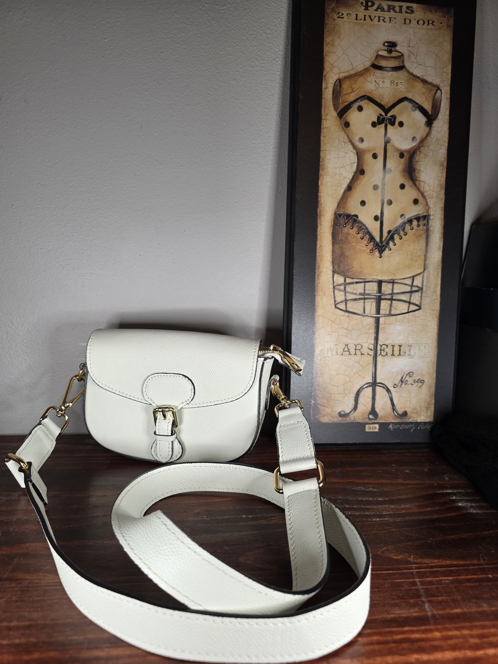 Cream Leather Crossbody Bag with Gold Buckle